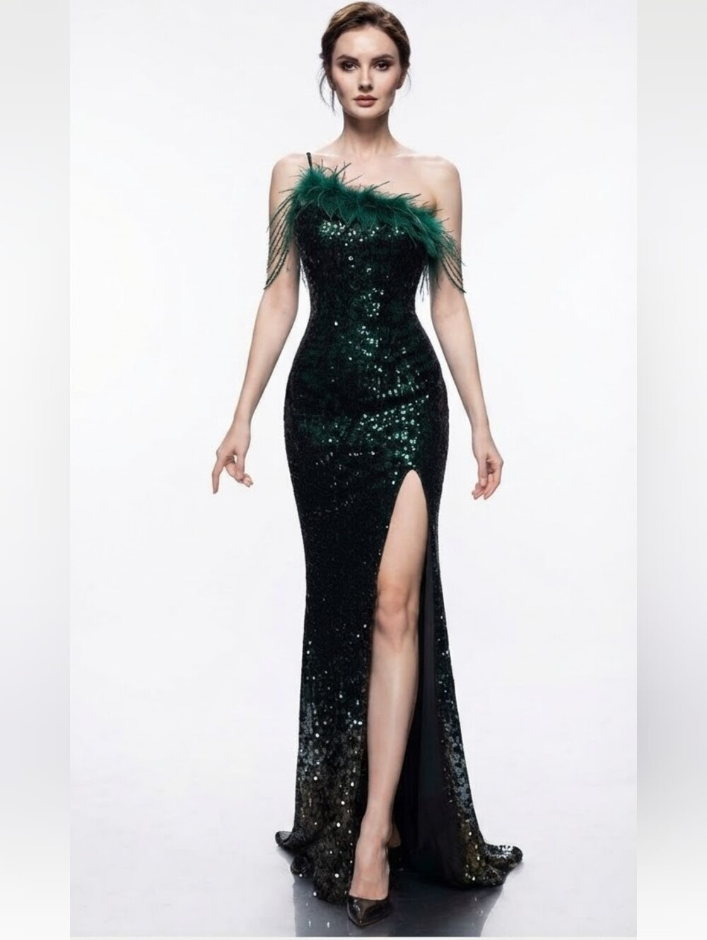 Green and Gold Sequin Gown with High Slit CUSTOM MADE